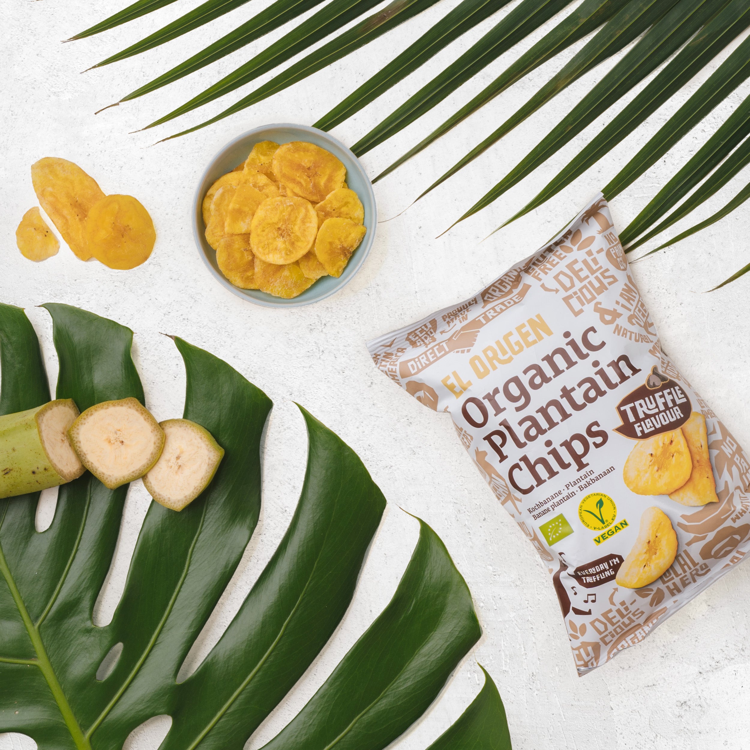 Organic plantain chips with truffle flavor