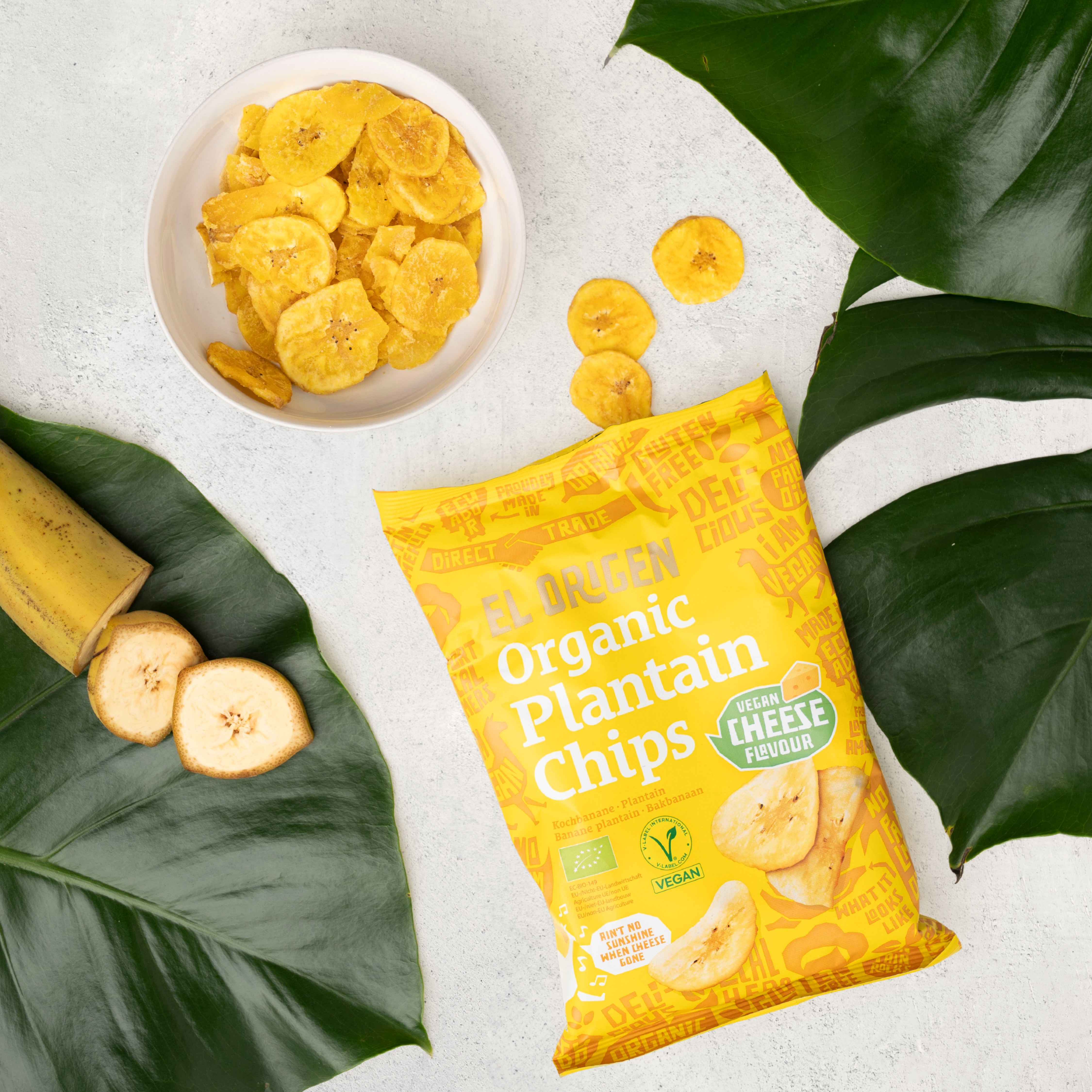 Available now: Organic plantain chips with cheese flavor (vegan)