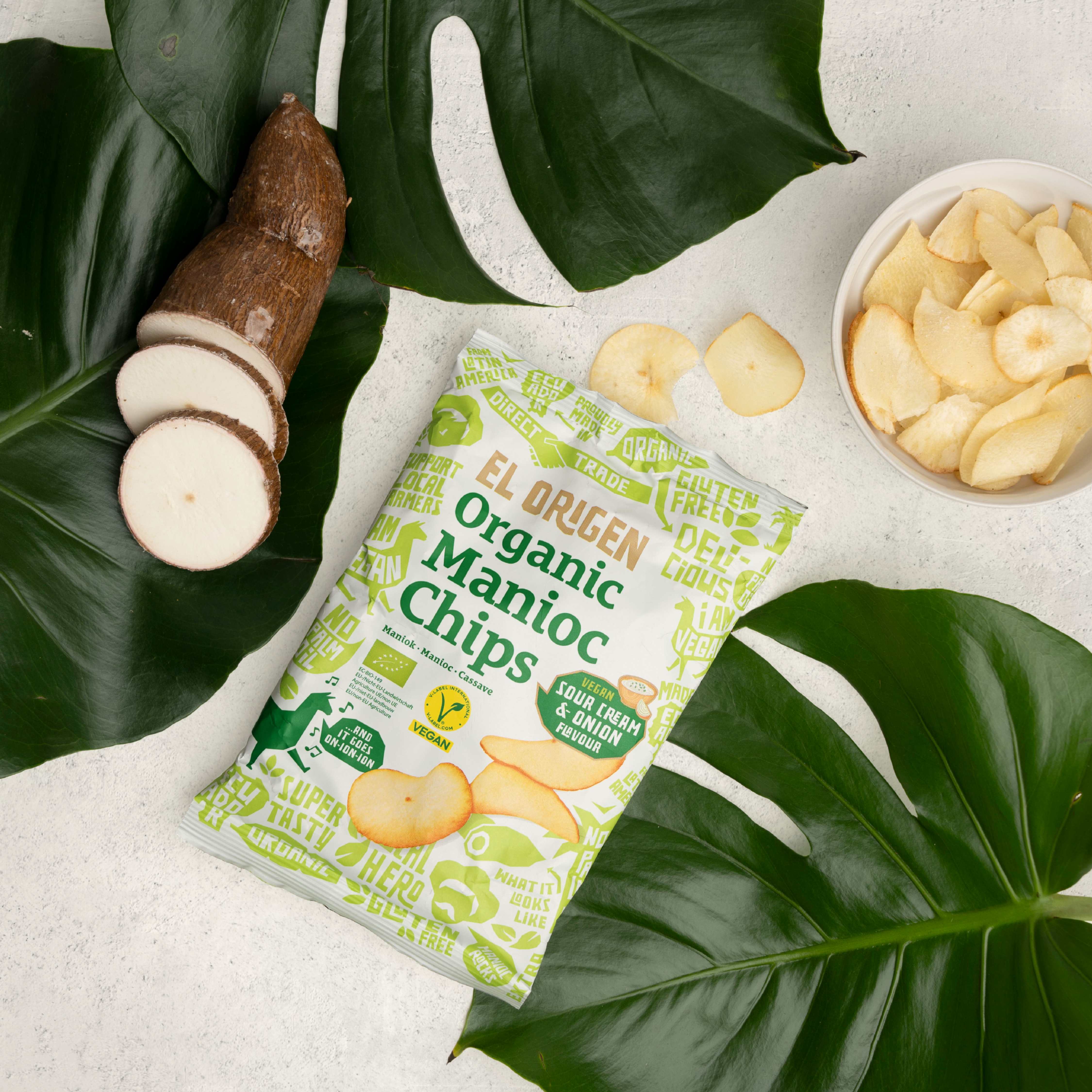 Available now: Organic cassava chips with sour cream & onion flavor (vegan)